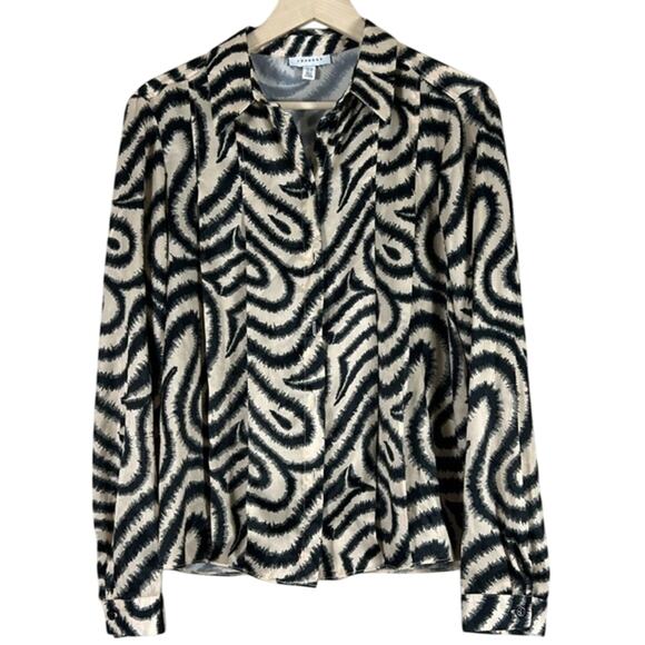 Topshop Button Down Shirt Womens 10 Cream Black Abstract Swirl Pleated Funky - Picture 1 of 5